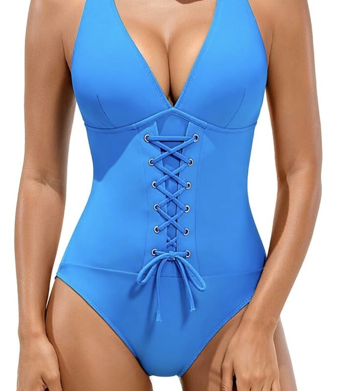 Traje de Baño Azul de Una Pieza con Escote en V y Diseño Corset Ajustable