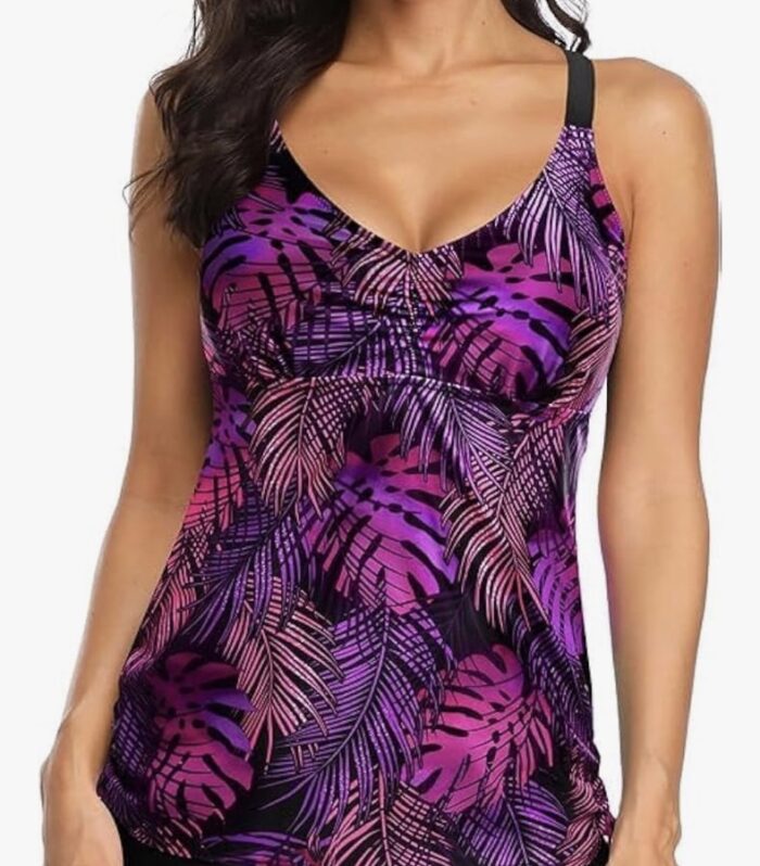 Tankini Tropical Morado y Negro para Mujer con Espalda Cruzada Ajustable