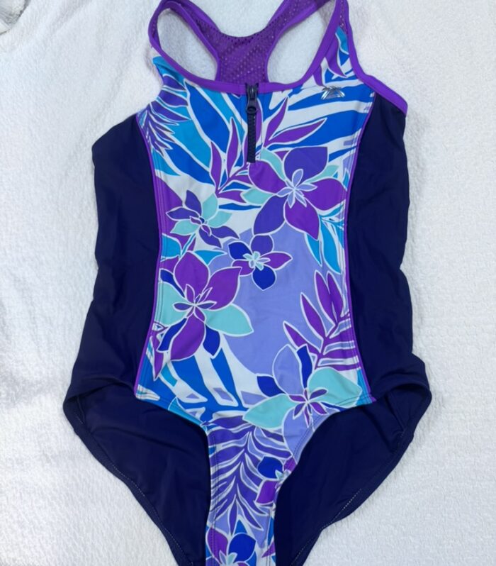 Traje de Baño Enterizo para Niña Estampado Tropical Morado y Azul | Talla 10 a 12 Años