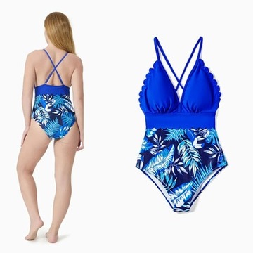 Traje de baño enterizo azul tropical para mujer con estampado de hojas y tirantes cruzados en la espalda