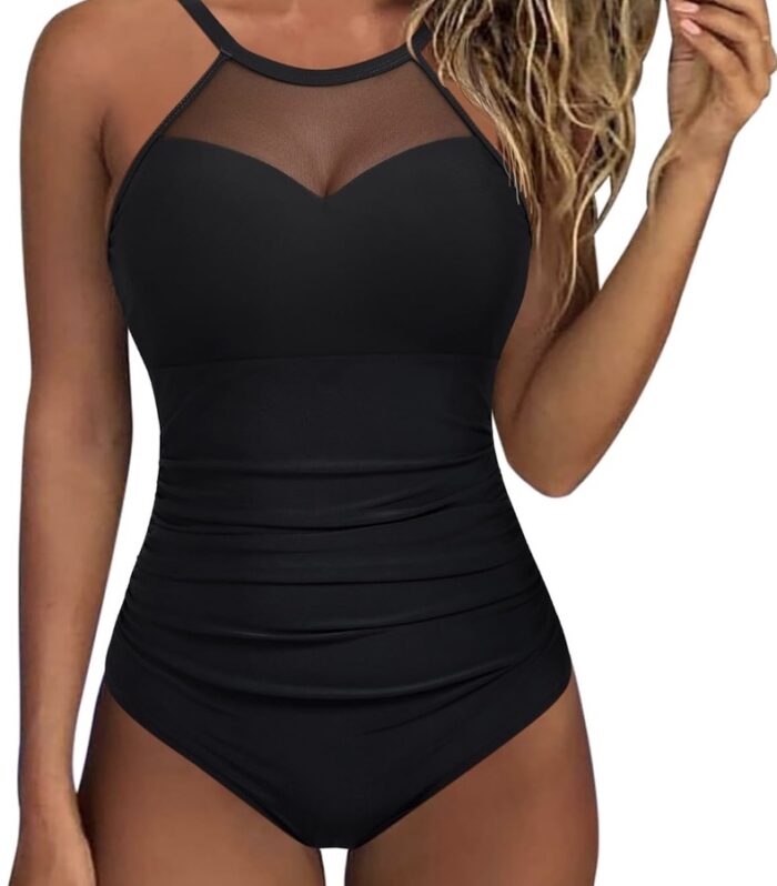 Traje de baño entero negro para mujer con detalle transparente y diseño moldeador elegante