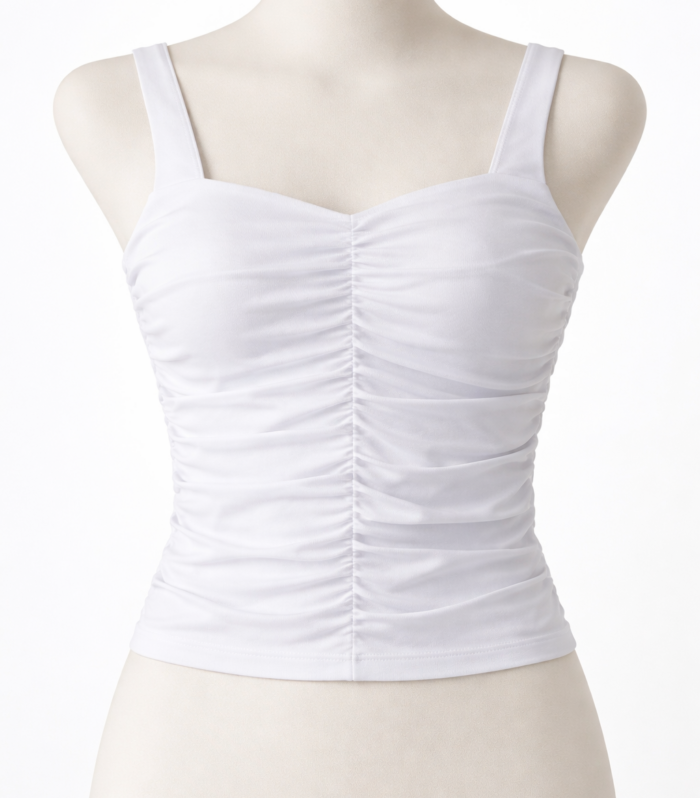 Top blanco fruncido para mujer con tirantes y diseño ajustado casual elegante