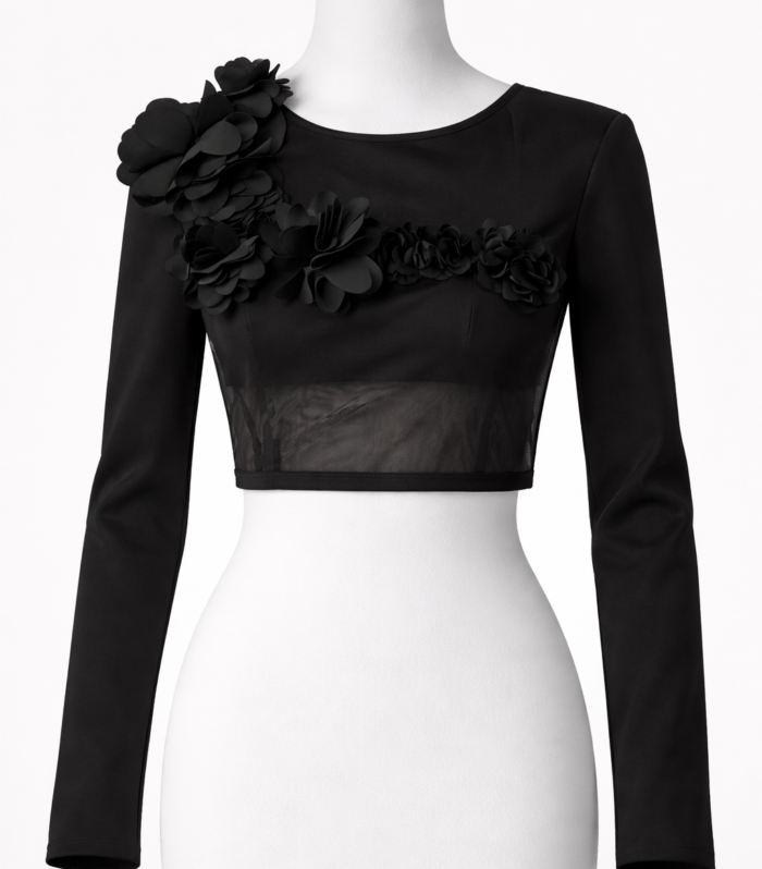 Top negro elegante para mujer con flores 3D decorativas, mangas largas y detalle transparente