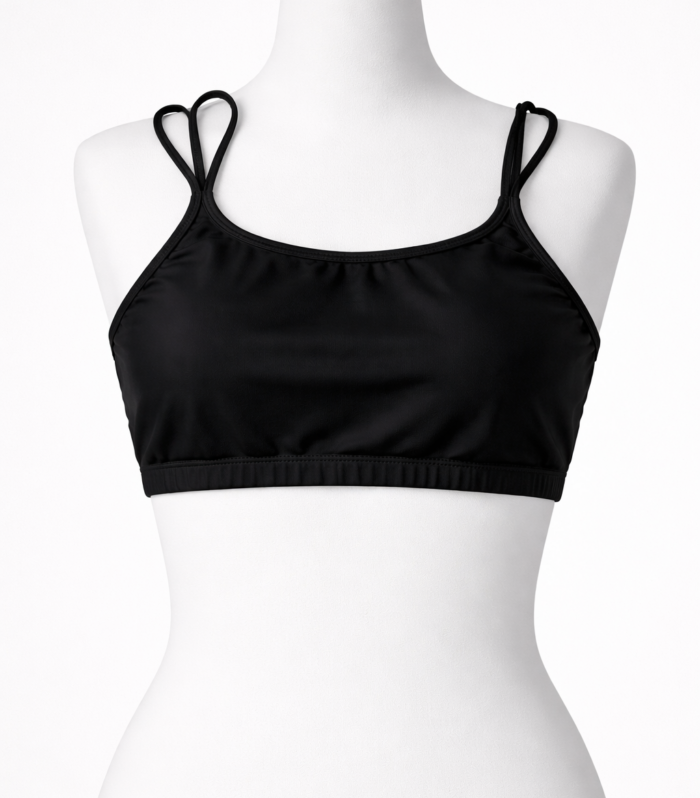 Top bikini negro deportivo para mujer con tirantes dobles y diseño cómodo para playa y piscina