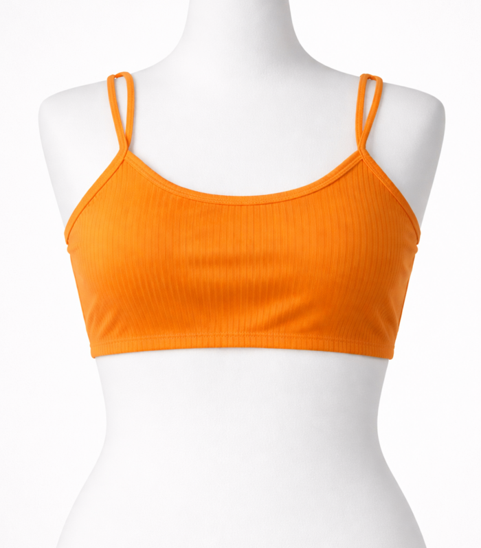 Top bikini naranja texturizado para mujer con tirantes delgados y diseño moderno para playa y piscina