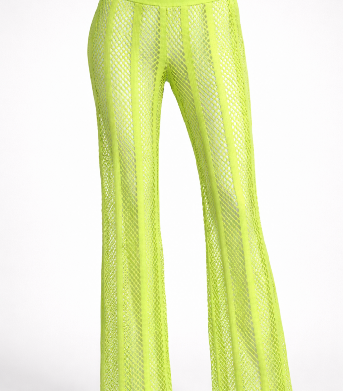 Pantalón playero de malla verde neón para mujer con diseño transparente y estilo moderno para playa
