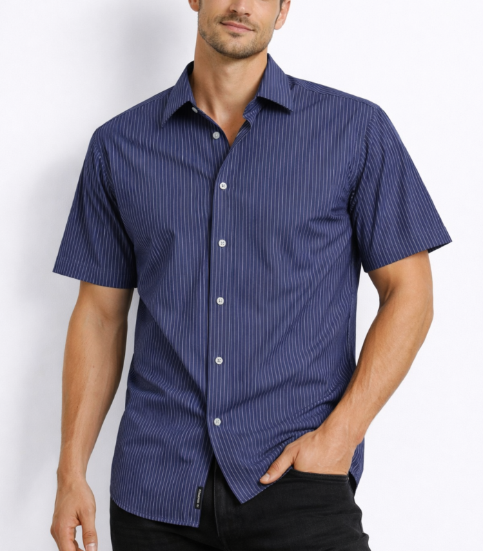 Camisa formal para hombre color azul con rayas finas blancas y manga larga ideal para oficina y ocasiones elegantes
