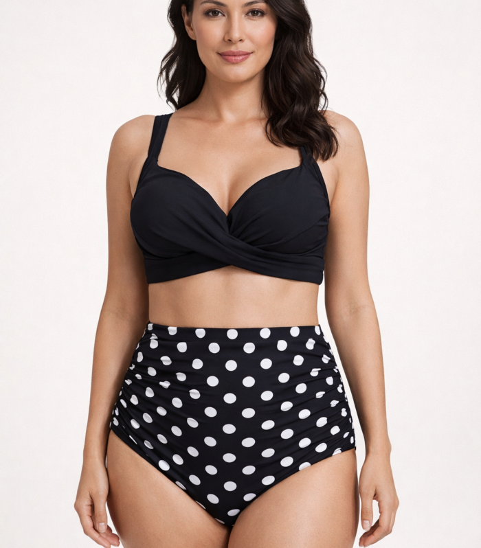 Bikini Retro Negro de Talle Alto con Lunares | Traje de Baño Vintage para Mujer