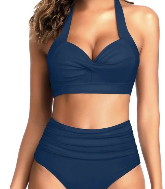 Bikini azul marino para mujer con top halter y panty de cintura alta estilo retro elegante y moderno