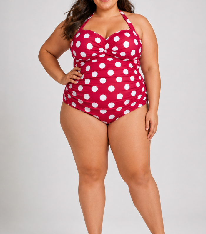 Modelo mujer usando vestido de baño enterizo color rosa con lunares blancos estilo retro y escote halter talla 2xl
