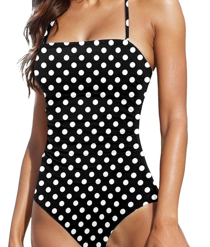 Traje de Baño Entero Negro con Lunares Blancos