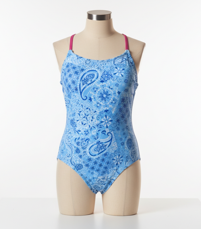 Traje de baño enterizo azul claro para mujer con estampado paisley y tirantes rosados