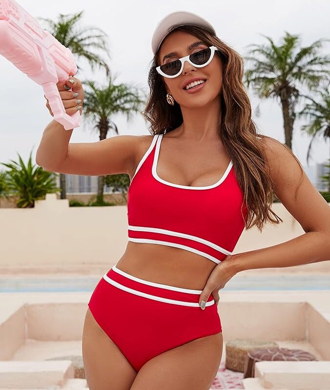 Bikini deportivo rojo para mujer con top cómodo y panty de cintura alta ideal para playa y piscina
