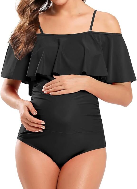Vestido de baño enterizo negro para mujer con diseño elegante y hombros descubiertos