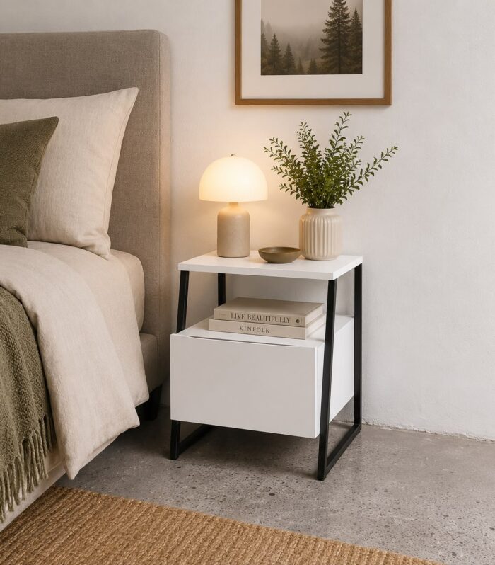 Mesa de noche industrial blanca con gaveta y estructura metálica negra, diseño moderno y minimalista para dormitorios contemporáneos.