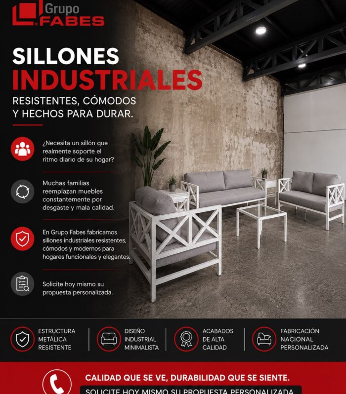 Juego de sillones industriales blancos con estructura metálica y cojines grises, ideal para salas modernas, oficinas, recepciones y espacios comerciales.