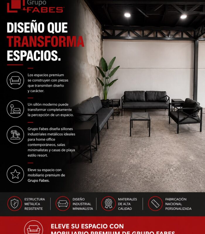 Sala industrial premium color negro con estructura metálica resistente, diseño minimalista moderno y mesa de centro, ideal para hogares, oficinas y espacios comerciales.